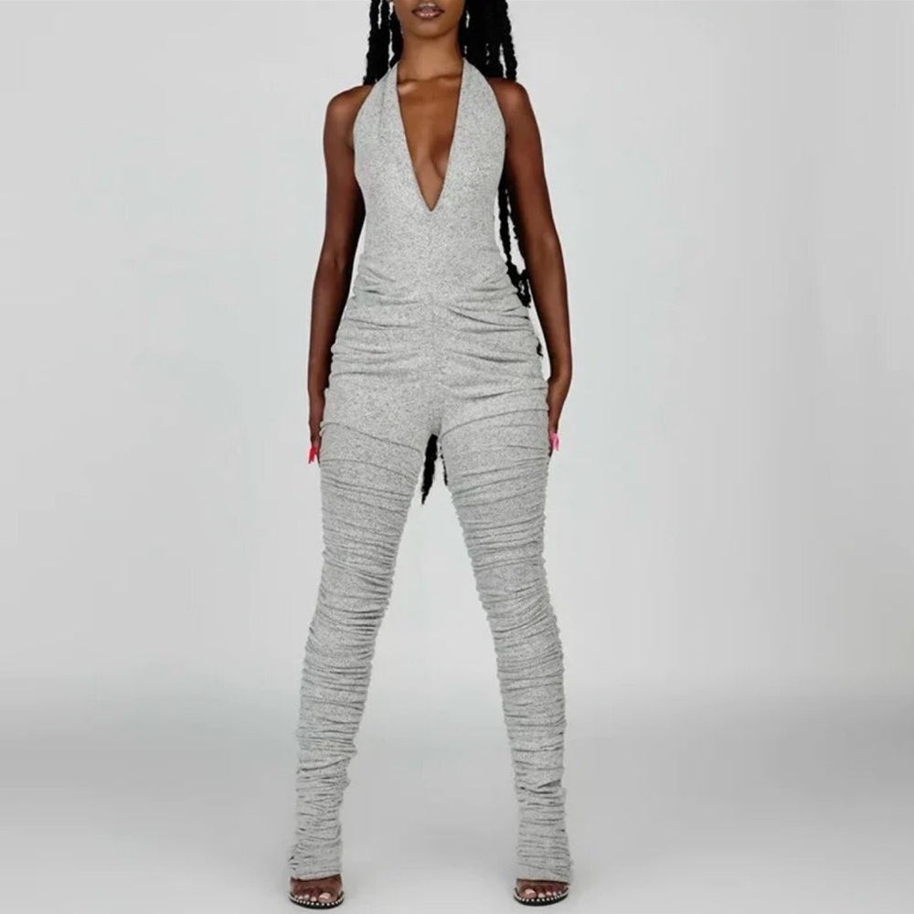GREYSCALE Dove Ruched Knit Gray Jumpsuit Playsuit